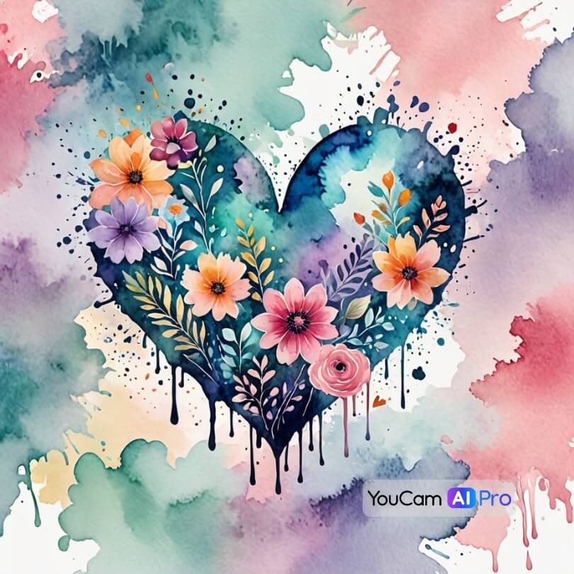 Ein Aquarell-Herz mit bunten Blumenmustern und Farbspritzern im Hintergrund, eine Mischung aus Kunst und Romantik.