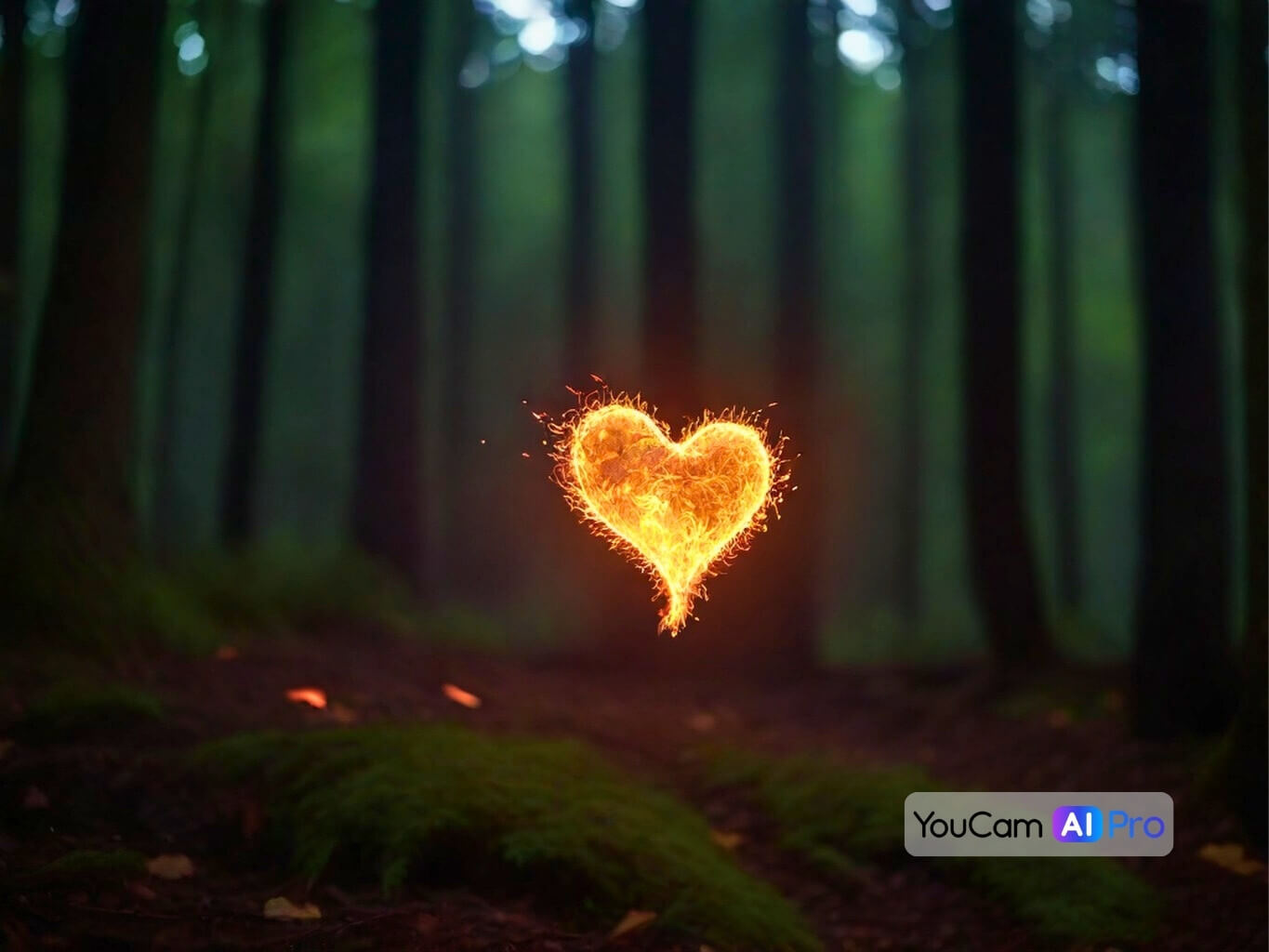 Ein leuchtendes Herz aus funkelnden, goldenen Lichtern, schwebend in einem dunklen, ruhigen Wald bei Nacht.