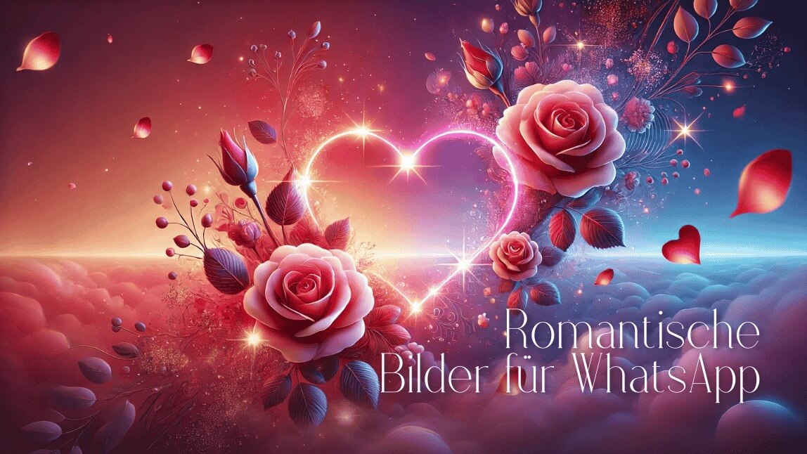 Leuchtendes Herz, umgeben von lebendigen roten Rosen, rosa Blütenblättern und funkelnden Lichtern, vor einem verträumten Himmel mit weichen Wolken .