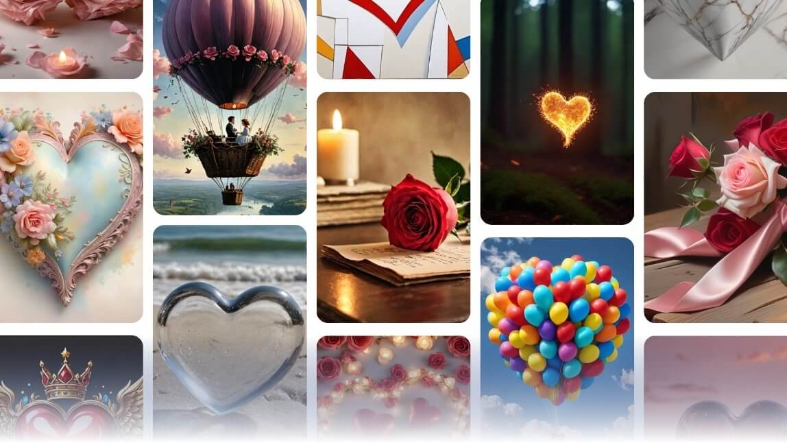 Collage mit romantischen Motiven, darunter ein blumiges Herz, ein Paar in einem Heißluftballon, ein leuchtendes Herz im Wald, eine rote Rose auf einem Liebesbrief und bunte Luftballons.