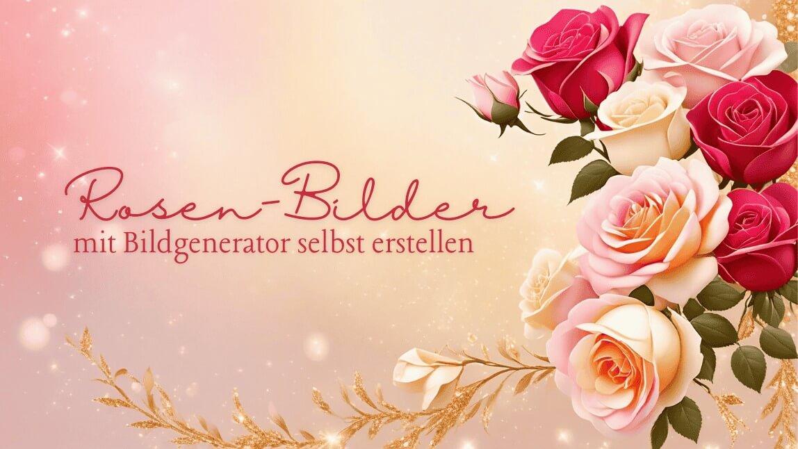 Design mit roten, rosa und cremefarbenen Rosen in einem luxuriösen Arrangement, kombiniert mit goldenen Blättern und einem zarten, funkelnden Hintergrund.