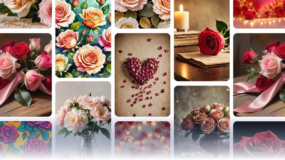 Collage aus verschiedenen Rosen-Bildern, darunter rote und rosa Rosensträuße, Rosenblätter in Herzform und elegante Blumenarrangements.