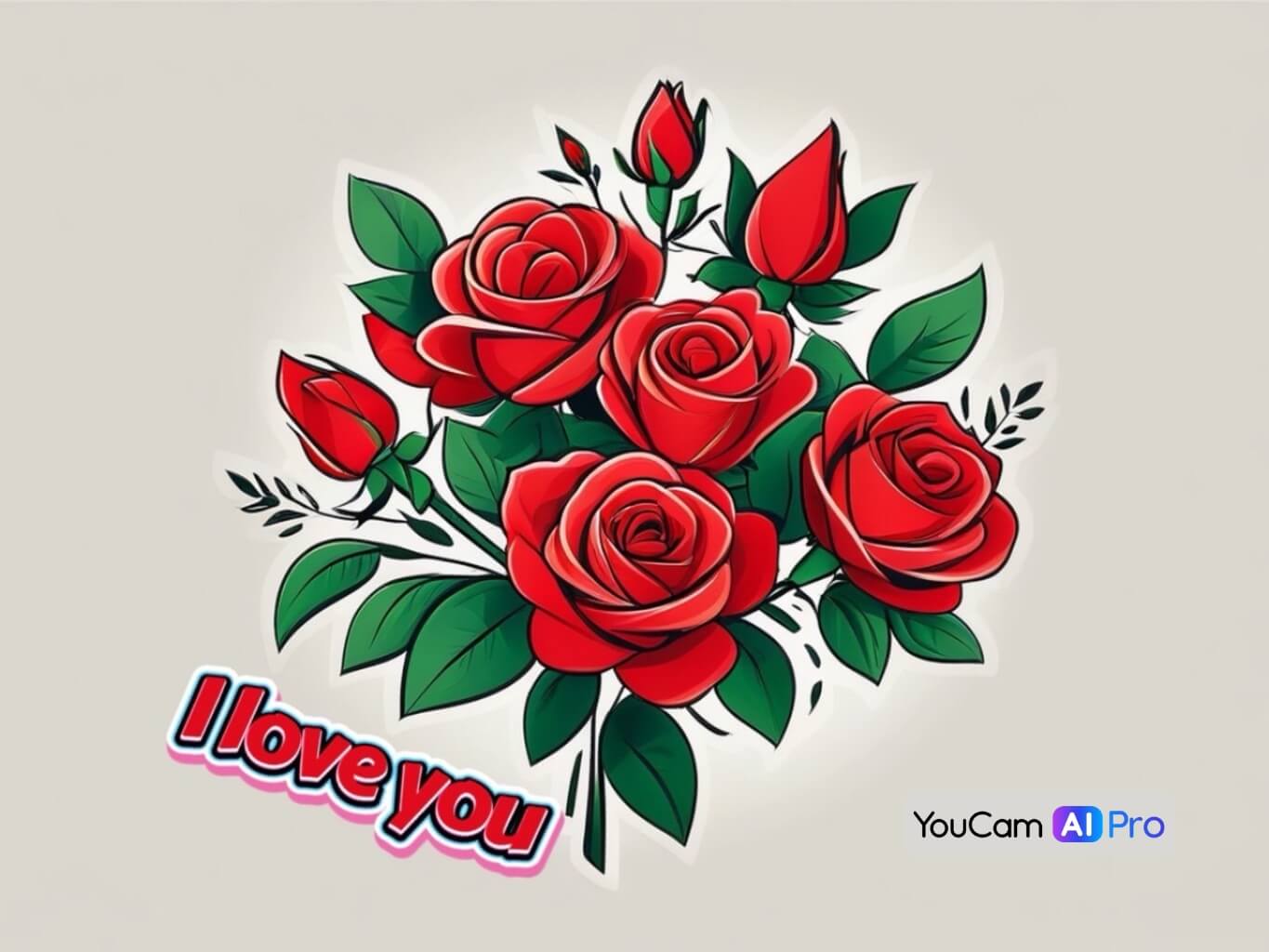 Illustration eines stilisierten Rosenstraußes mit roten Rosen und grünen Blättern, ergänzt durch den romantischen Text ‚I love you‘ in roter Schrift.