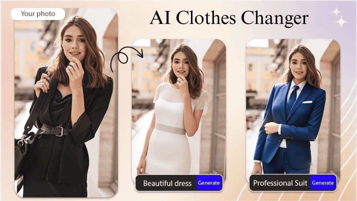Vergleichsbild einer Frau mit einem schwarzen Outfit, einem weißen Kleid und einem blauen Anzug