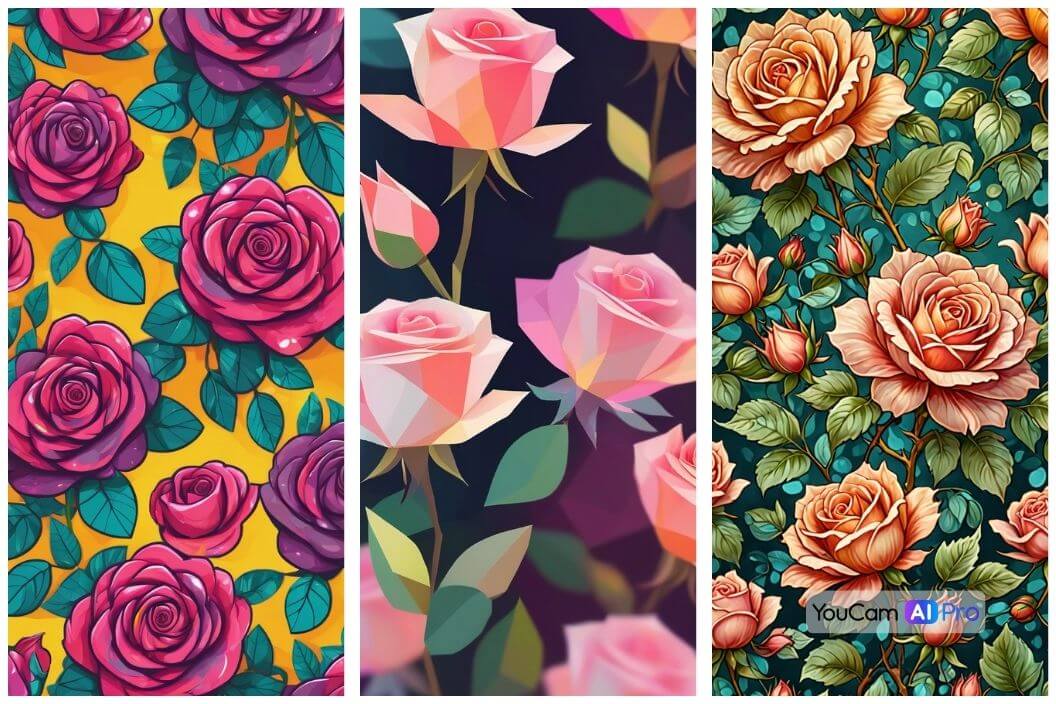 Drei künstlerische Illustrationen von Rosen in lebhaften Farben: links in warmen Rottönen, in der Mitte geometrische Rosen in Pastellfarben und rechts detaillierte Rosen auf einem dunkelgrünen Hintergrund.