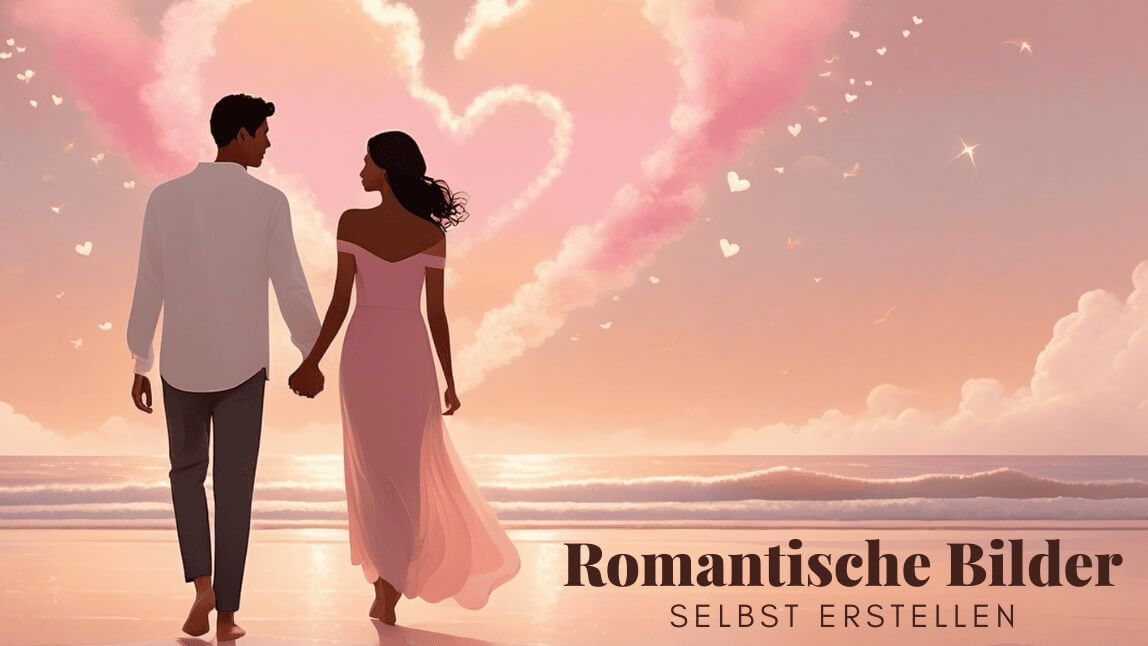 Romantisches Bild von einem Paar, das Hand in Hand am Strand entlanggeht, mit Herz-förmigen Wolken am Himmel und einem sanften rosa Sonnenuntergang.
