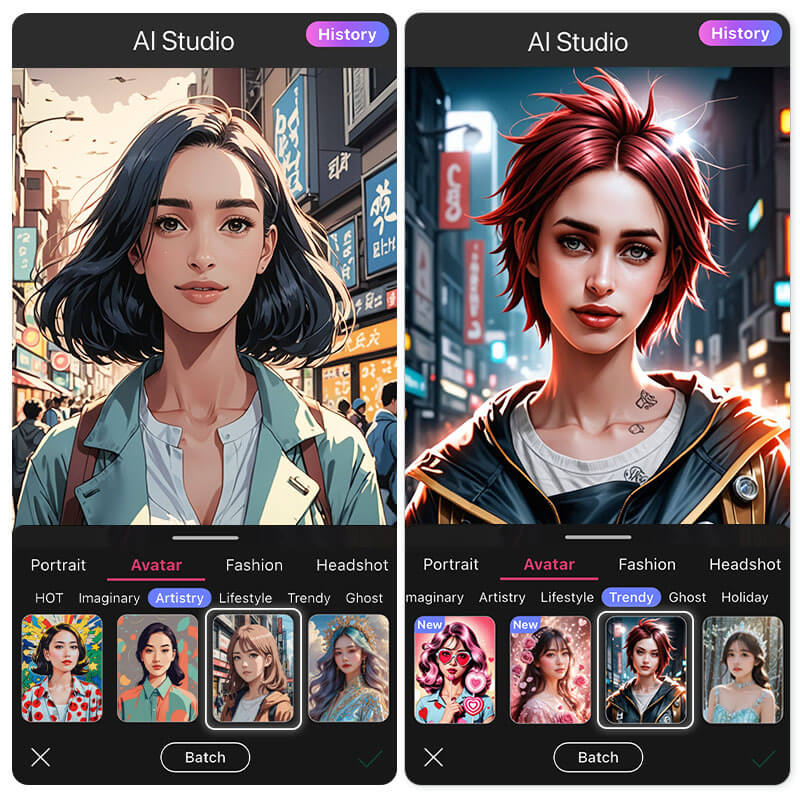 Essayez différents styles AI Selfie jusqu'à ce que vous trouviez celui qui vous correspond.