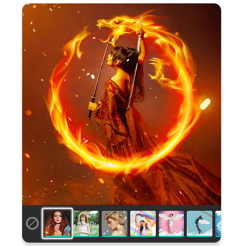 Ajoutez un effet de feu pour vous transformer en Mulan avec Mushu soufflant du feu grâce à l'application Disney Princess Editing