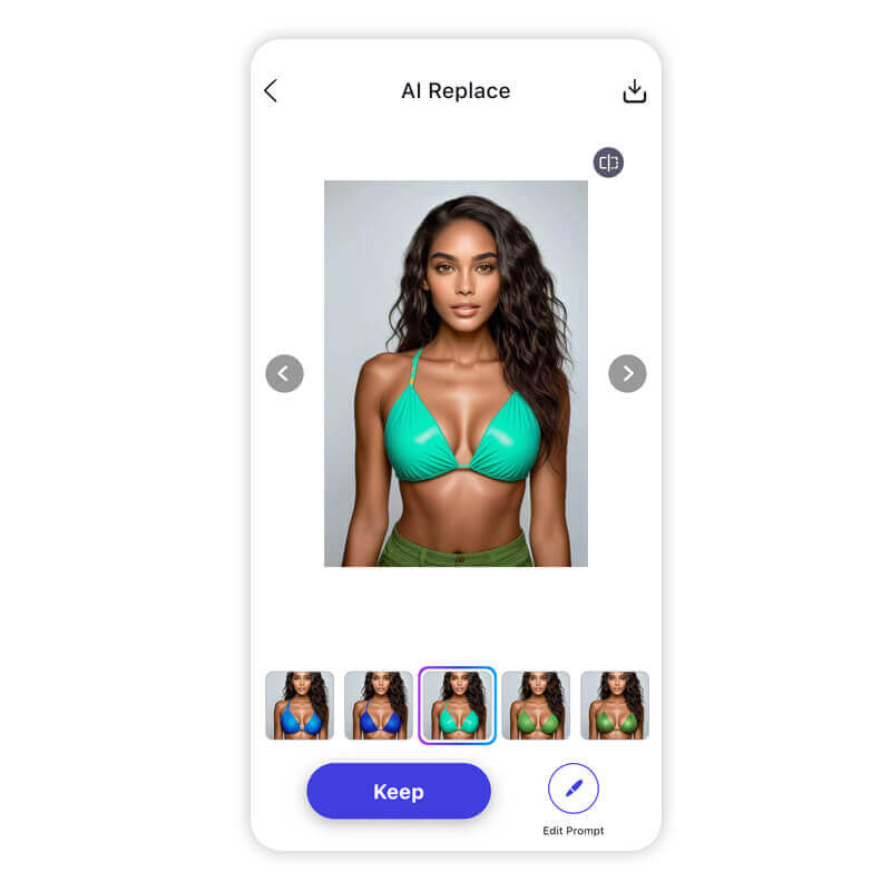 YouCam AI Pro App-Oberfläche zeigt eine Frau mit dunklen, welligen Haaren in einem türkisfarbenen Bikinioberteil und grünen Shorts, mit verschiedenen Bearbeitungsoptionen und Variationen des Bildes.