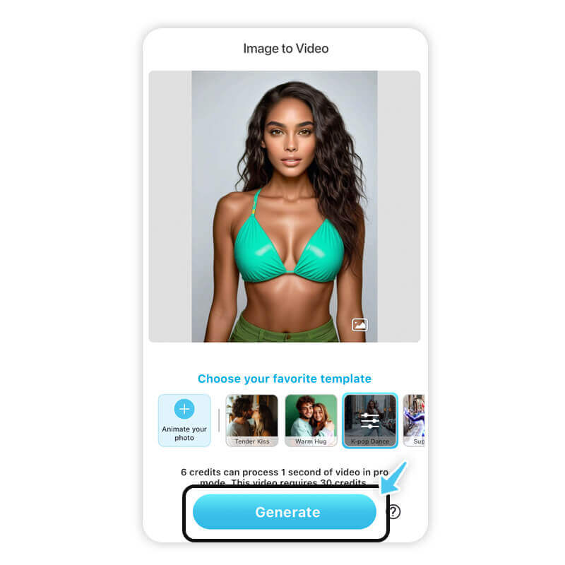 App zeigt ein Porträt einer Frau mit dunklen, welligen Haaren in einem türkisfarbenen Bikini, zusammen mit Vorlagen wie 'Warm Hug' und 'K-pop Dance,' und einem hervorgehobenen Button mit der Aufschrift 'Generate.