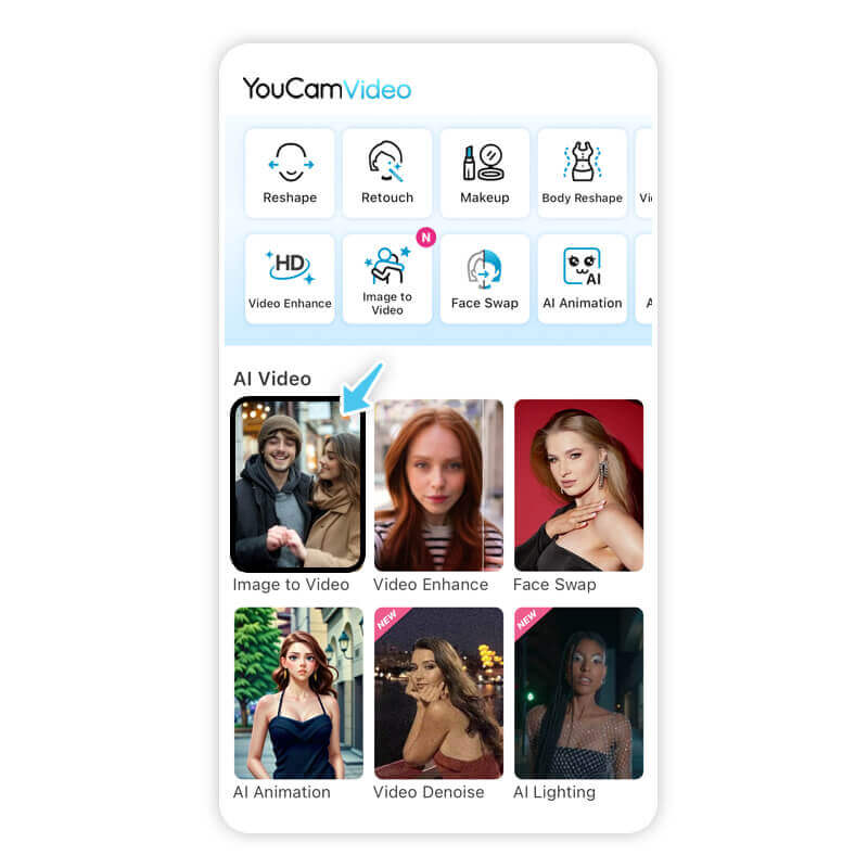 App-Oberfläche mit verschiedenen KI-Videooptionen, darunter 'Bild-zu-Video,' 'Videoqualität,' und 'Face Swap,' sowie Vorschaubilder von bearbeiteten Videos mit unterschiedlichen Stilrichtungen