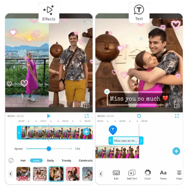 Adicionando efeitos e textos para personalizar seu vídeo de abraço virtual IA no YouCam Video.