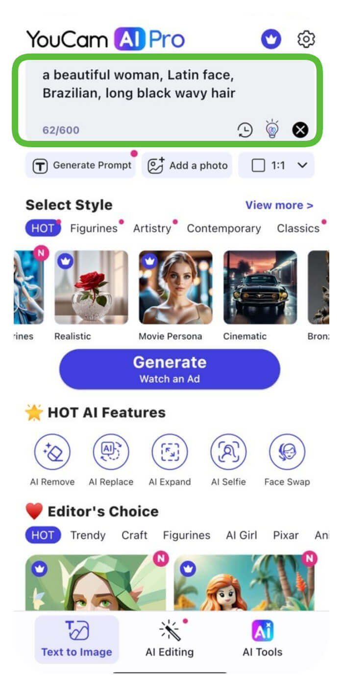 Screenshot in der YouCam AI Pro App mit einem Eingabefeld, das die Beschreibung 'a beautiful woman, Latin face, Brazilian, long black wavy hair' enthält, und mehreren Stiloptionen wie Realistic, Movie Persona und Cinematic.