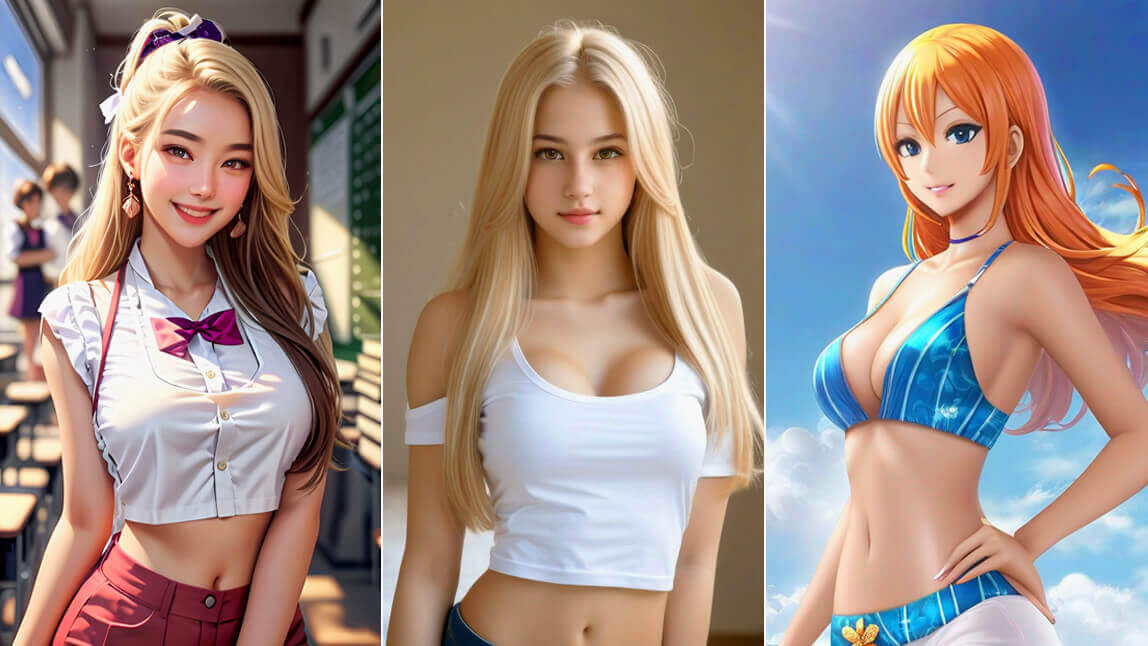 Três exemplos de mulher IA com estilos artísticos variados, criadas pelo gerador YouCam AI Pro.
