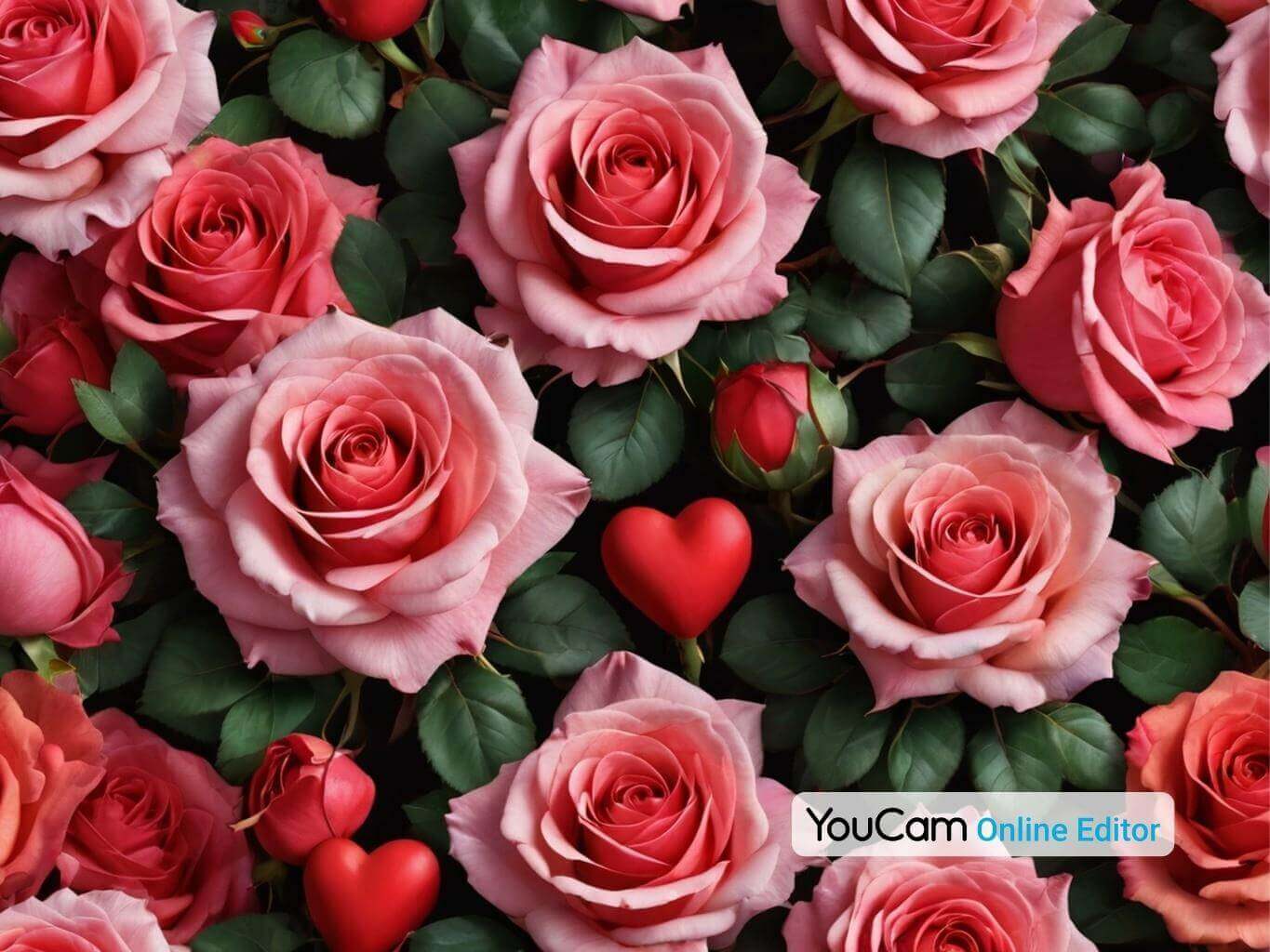 Gros plan de roses roses avec des cœurs rouges, parfait pour des occasions romantiques ou des décorations.