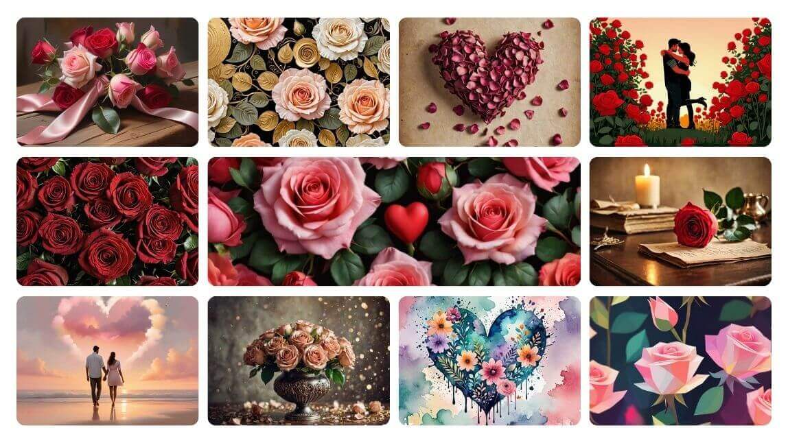 Un collage d’images romantiques avec des roses, des cœurs et des couples illustrant différents moments d’amour.
