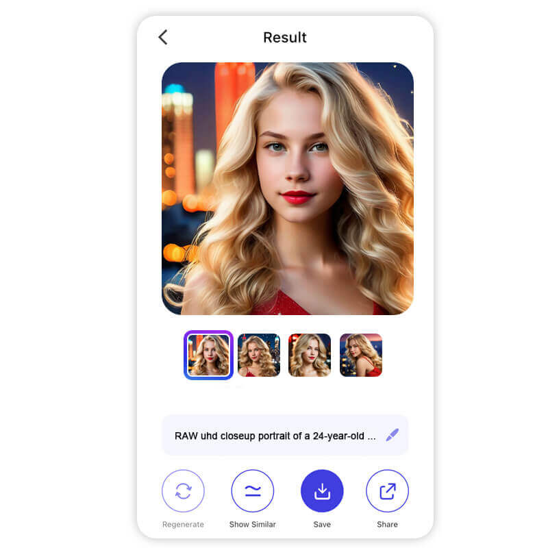 Interface do YouCam AI Pro para inserir o comando de texto e criar mulher IA.
