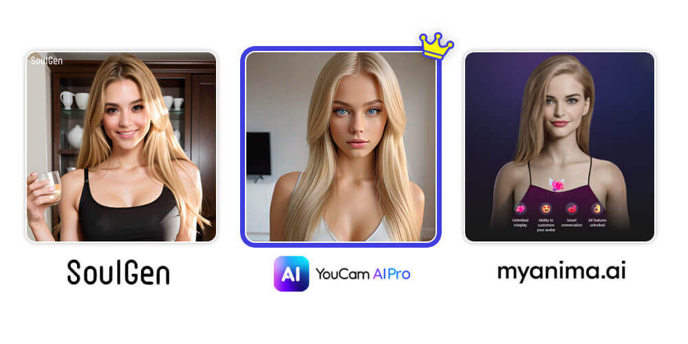 Comparativo de resultados do gerador de mulher IA YouCam AI Pro, mostrando versatilidade.