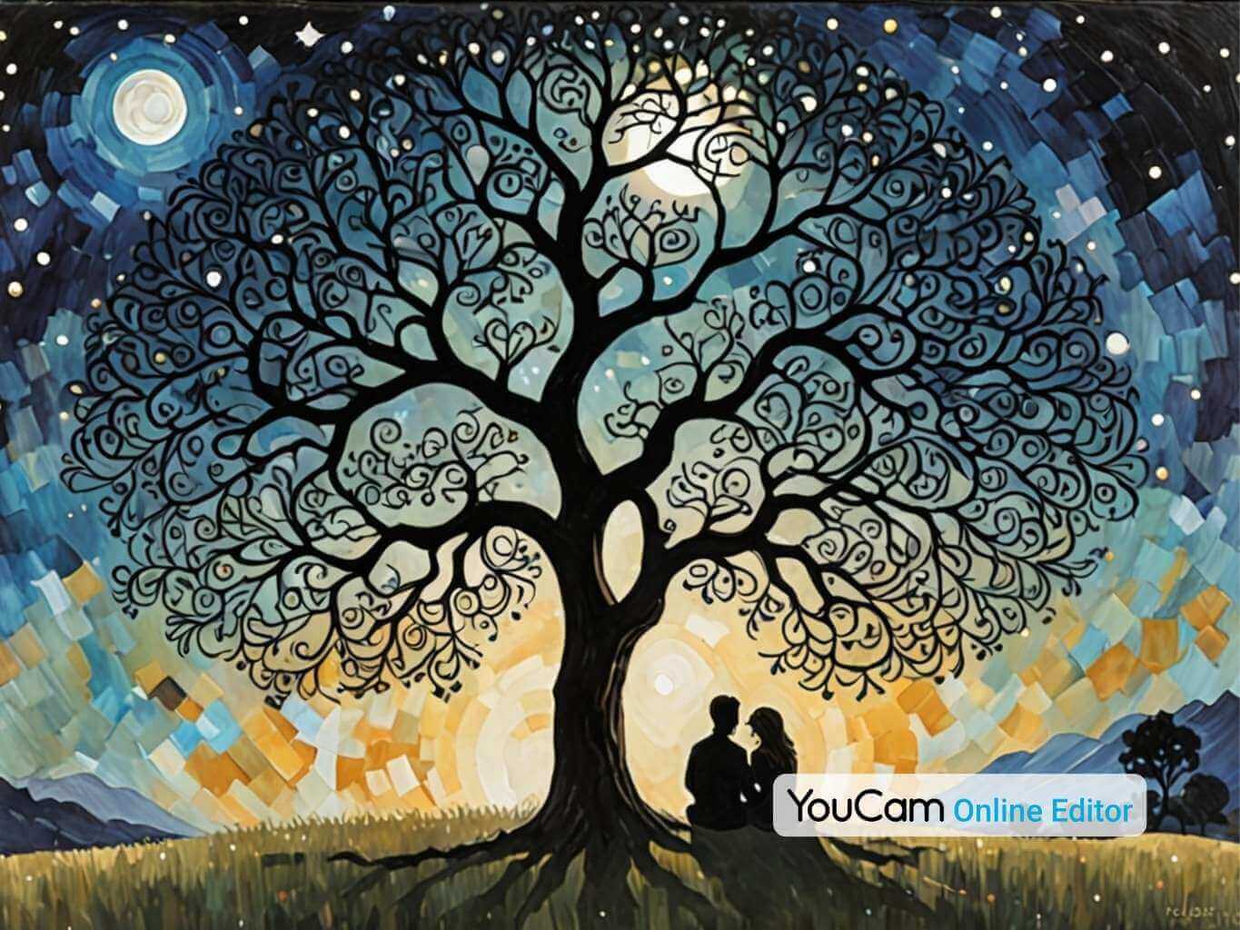Image romantique d'un couple sous un arbre, dans une nuit de pleine lune avec des étoiles scintillantes.