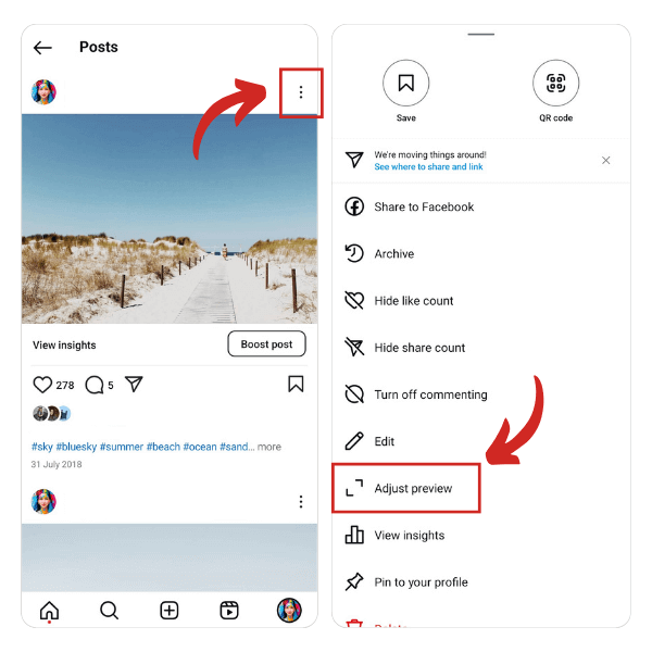 Cliquez sur 'ajuster l'aperçu' pour modifier la disposition de la grille Instagram