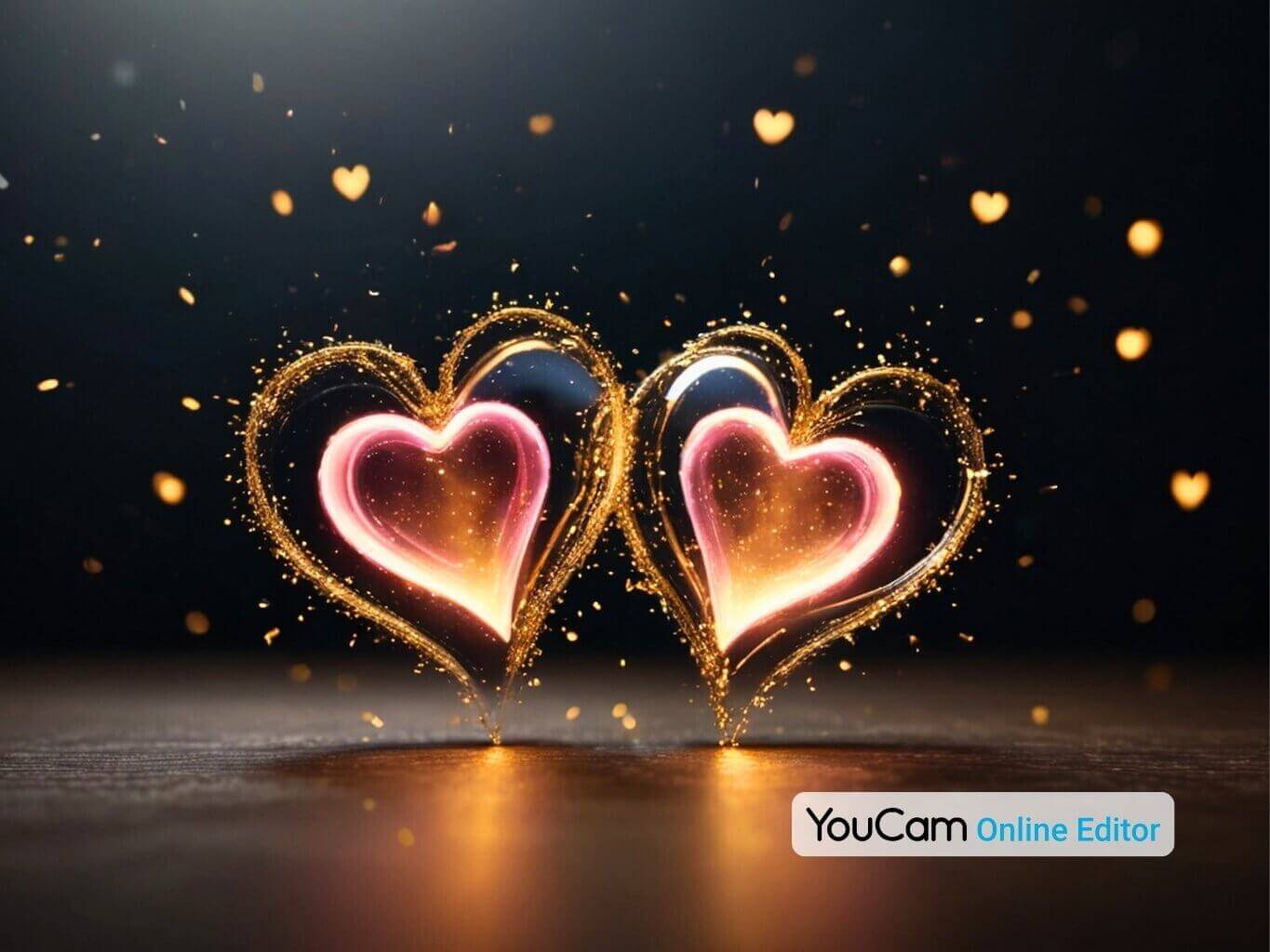 Image romantique avec deux cœurs lumineux entourés de particules dorées scintillantes.