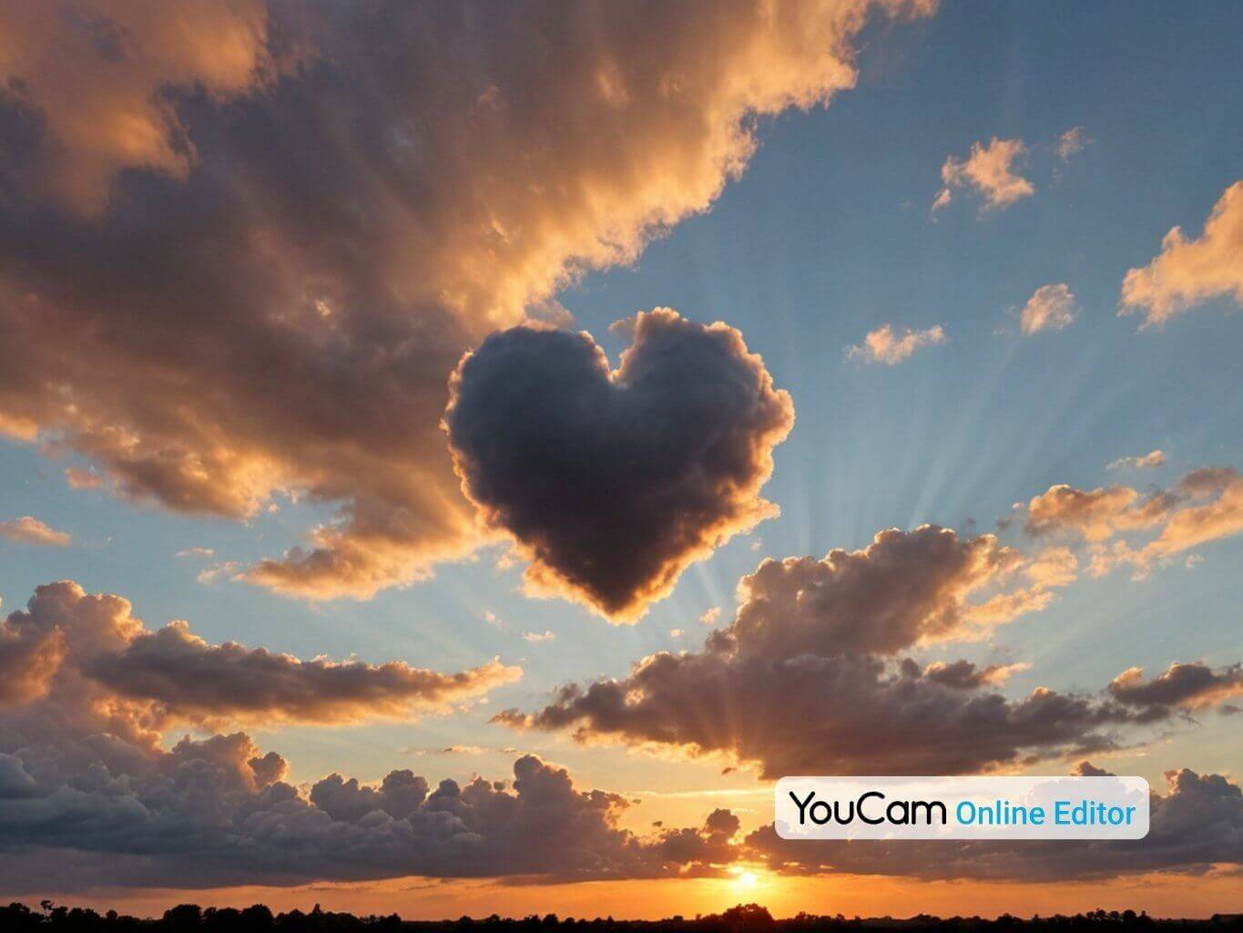 Image romantique d’un nuage en forme de cœur au coucher de soleil, idéal pour des messages émotionnels.