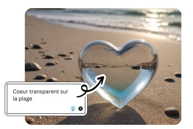 Image romantique d'un cœur en verre transparent sur la plage.