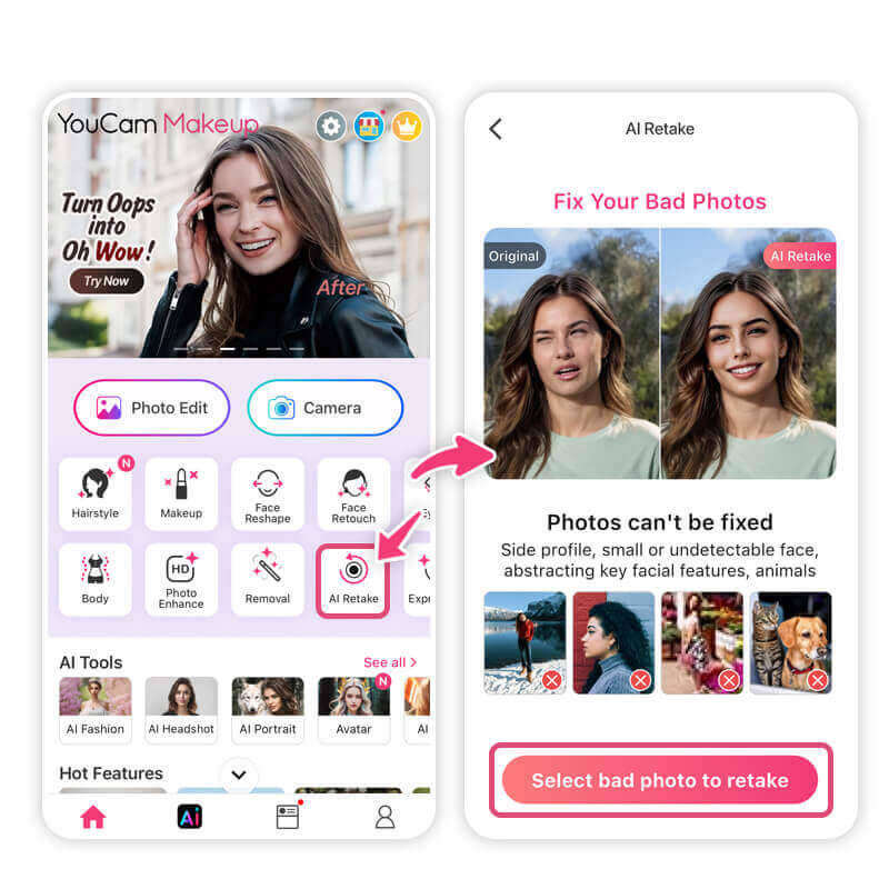AI Retake in YouCam Makeup