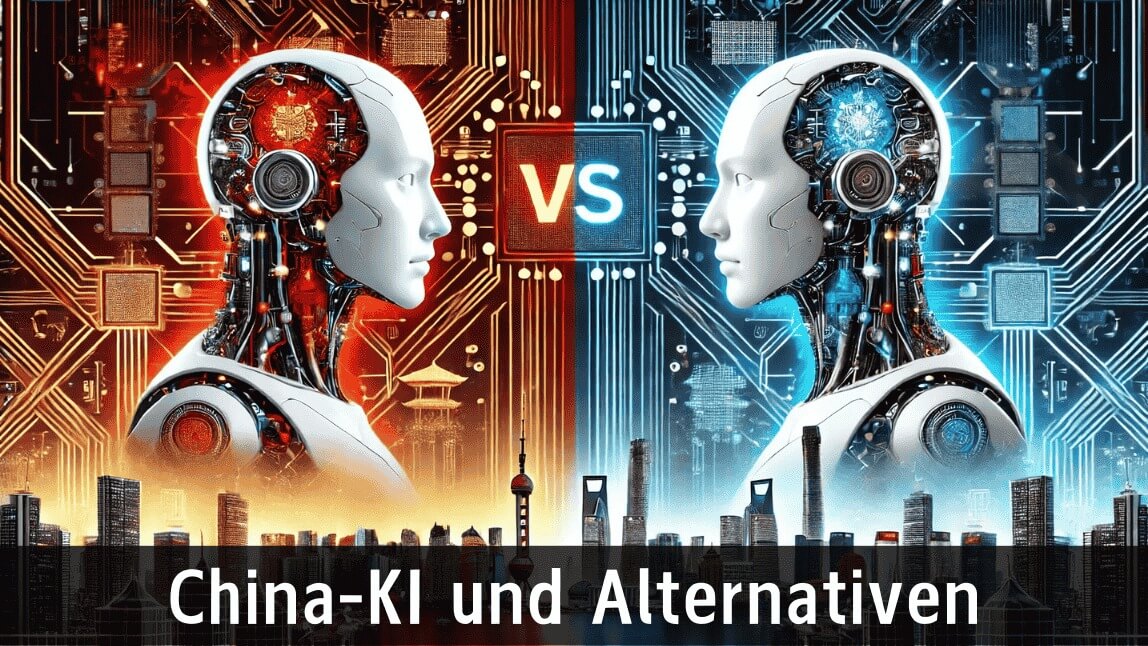 Zwei futuristische Roboter mit roten und blauen technologischen Elementen stehen sich gegenüber, symbolisieren den Vergleich zwischen China-KI und Alternativen.