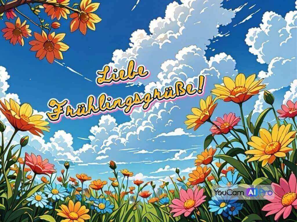 Eine fröhliche, cartoonartige Illustration eines strahlend blauen Himmels mit flauschigen Wolken, umgeben von bunten Blumen, mit dem Text 