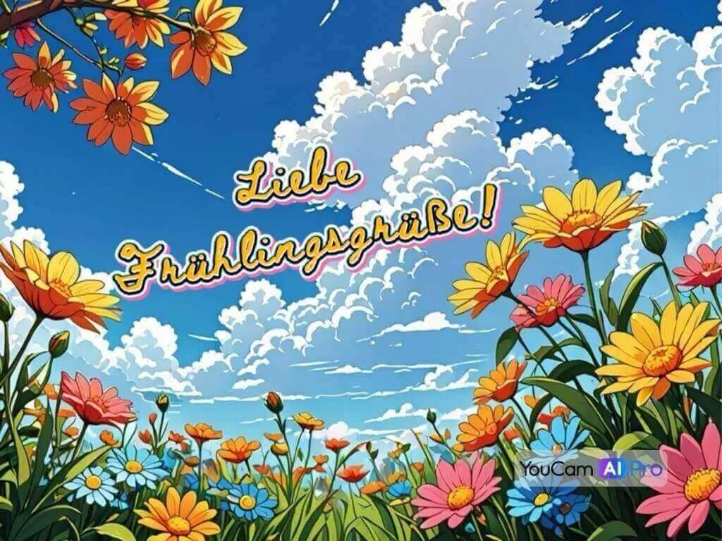 Ein strahlend blauer Himmel mit bunten Blumen, leichten Wolken und einer warmen Frühlingsbrise.