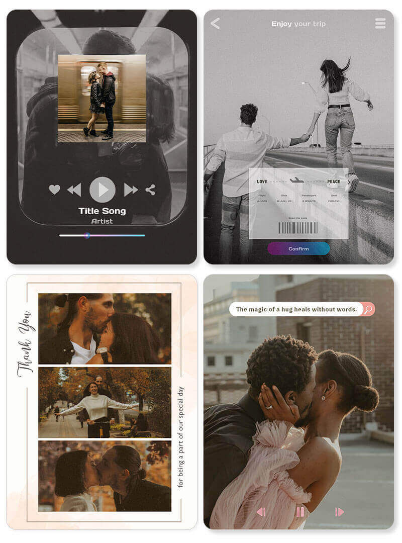 Eine kreative Auswahl an vier stilisierten Fotocollagen mit modernen Designelementen, darunter ein Musik-Player-Motiv, eine Reiseticket-Ästhetik und Vintage-inspirierte Layouts mit romantischen Umarmungen und Küssen.