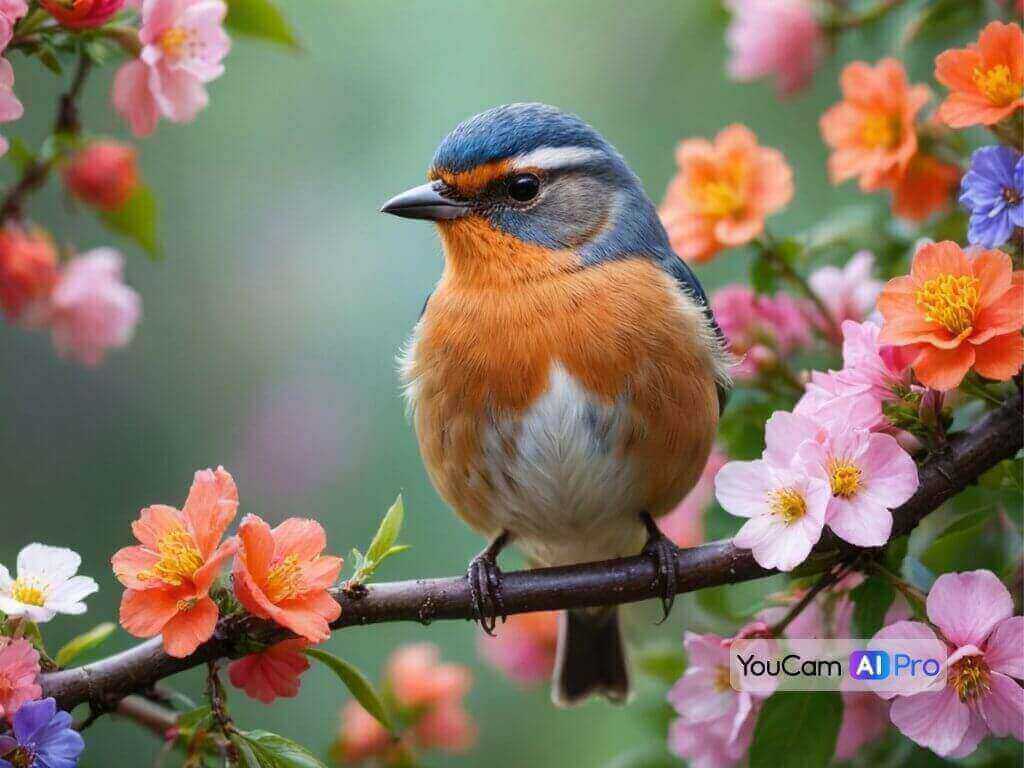 Ein kleiner Vogel mit blau-orangefarbenem Gefieder sitzt auf einem blühenden Zweig mit rosafarbenen Blüten.