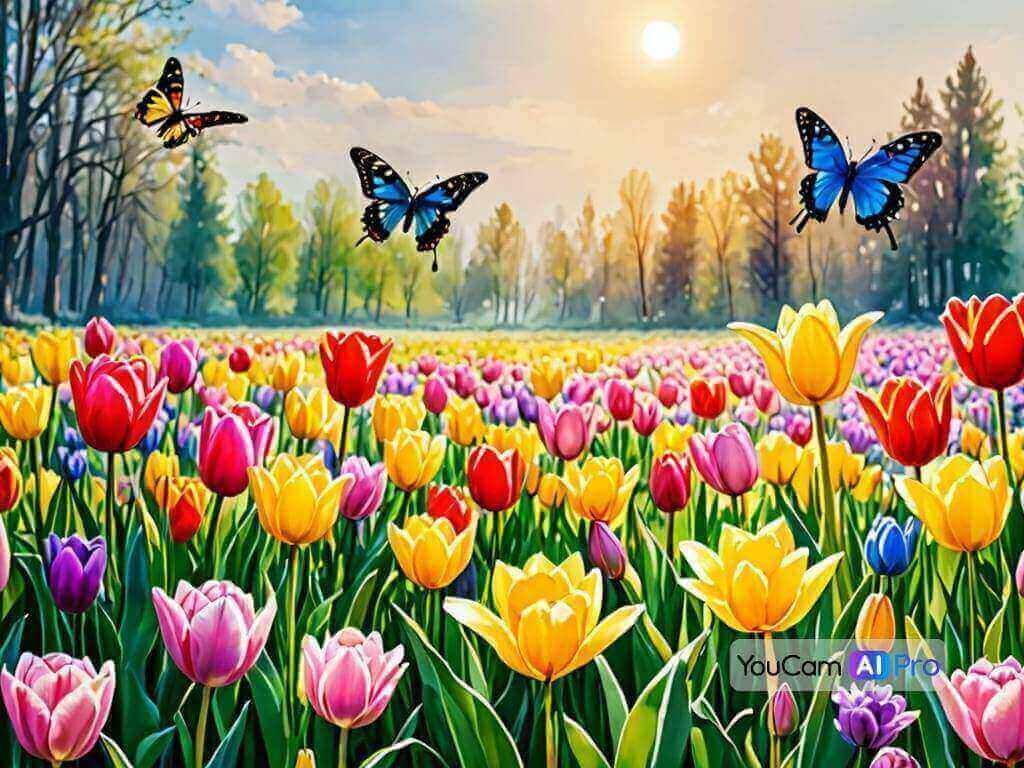  Ein malerisches Tulpenfeld mit roten, gelben und violetten Blumen in voller Blüte, während Schmetterlinge im goldenen Sonnenuntergang fliegen.