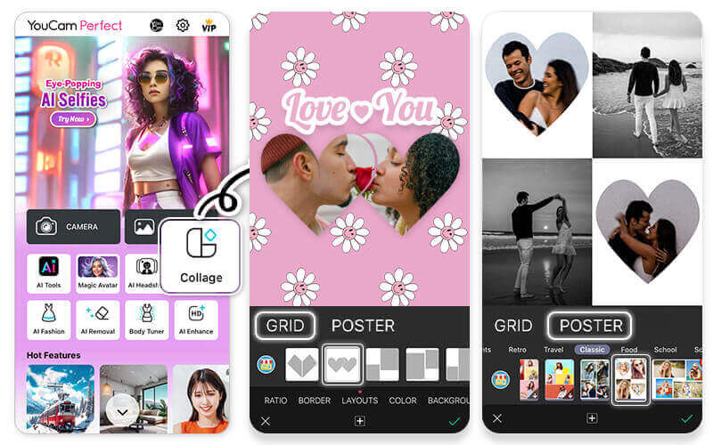 Screenshot der YouCam Perfect App mit einer Auswahl an Collage-Designs, darunter eine Valentinstags-Collage mit Herzen und Liebespaaren. Der Bildschirm zeigt Bearbeitungsoptionen und Layouts für romantische Fotocollagen.