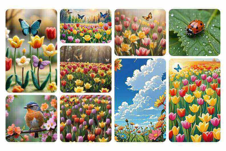 Collage mit lebhaften Frühlingsmotiven, darunter Tulpenfelder, Schmetterlinge, ein Marienkäfer auf einem Blatt, ein Vogel auf einem blühenden Zweig und ein strahlend blauer Himmel mit Wolken.
