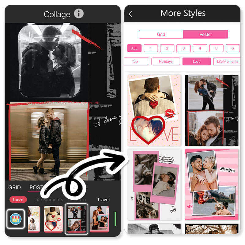 Benutzeroberfläche der YouCam Perfect App mit einer Collage-Bearbeitung. Links ist ein Schwarz-Weiß-Bild eines Paares zu sehen, rechts eine Auswahl an verschiedenen romantischen Fotocollagen im Raster- und Poster-Stil.