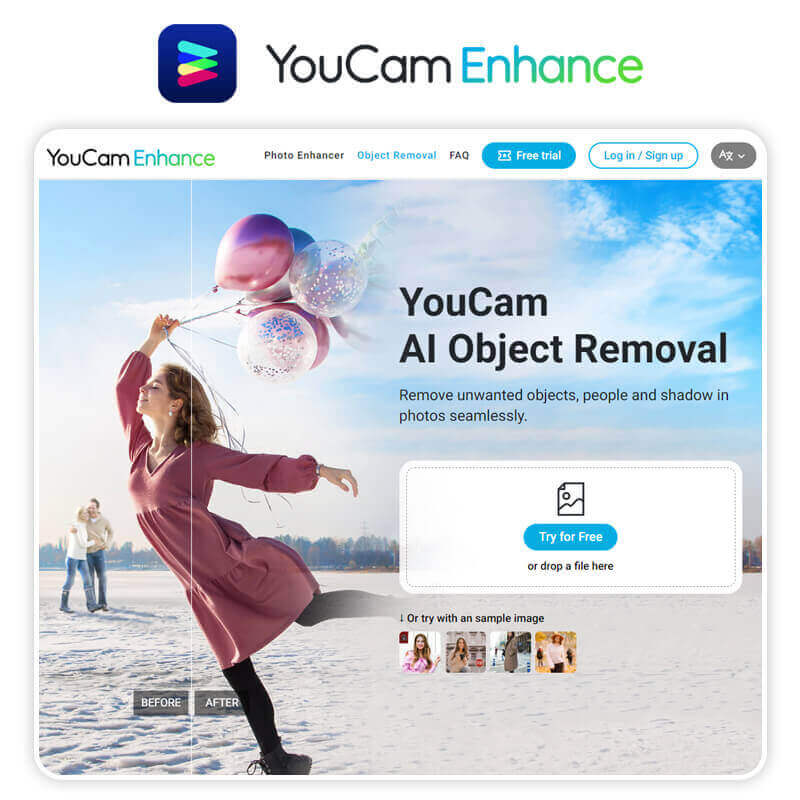 Como remover marca d'água de foto online usando a ferramenta de IA do YouCam Enhance.
