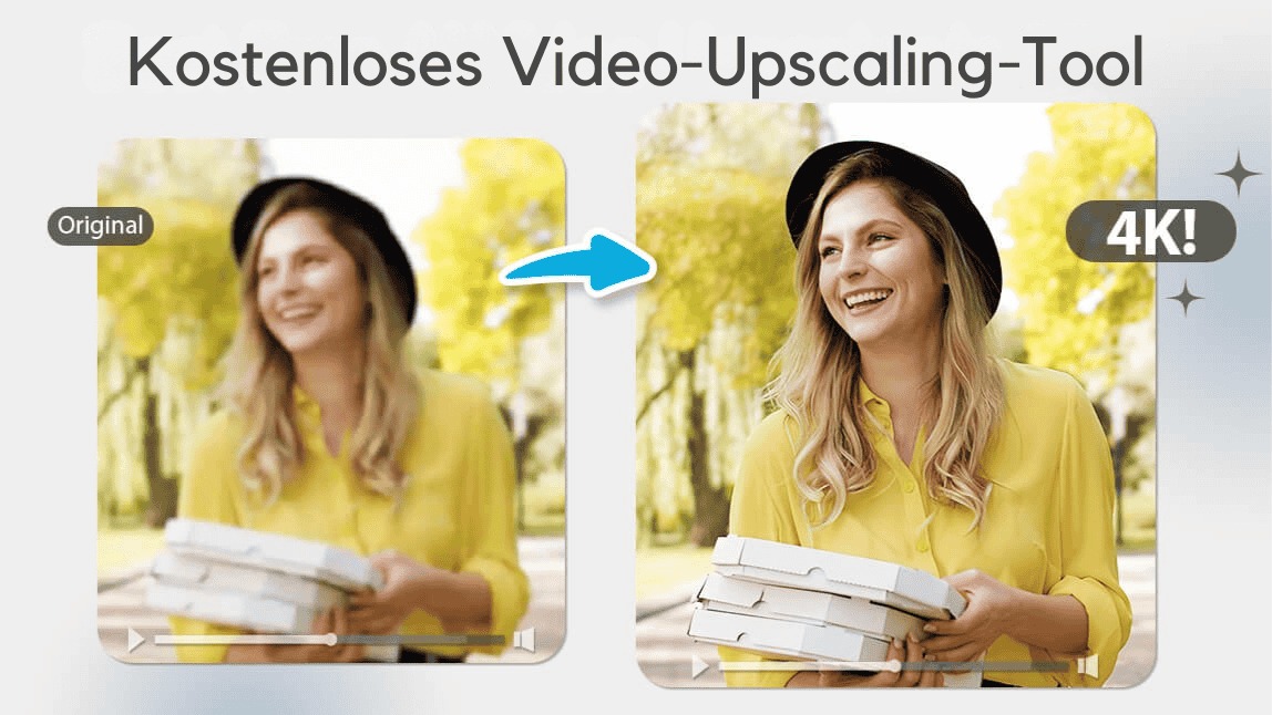Vergleich zwischen einem unscharfen Video (links) und einer optimierten 4K-Version (rechts) mit einem kostenlosen Video-Upscaling-Tool. Eine lächelnde Frau in gelbem Oberteil hält Pizzaschachteln.