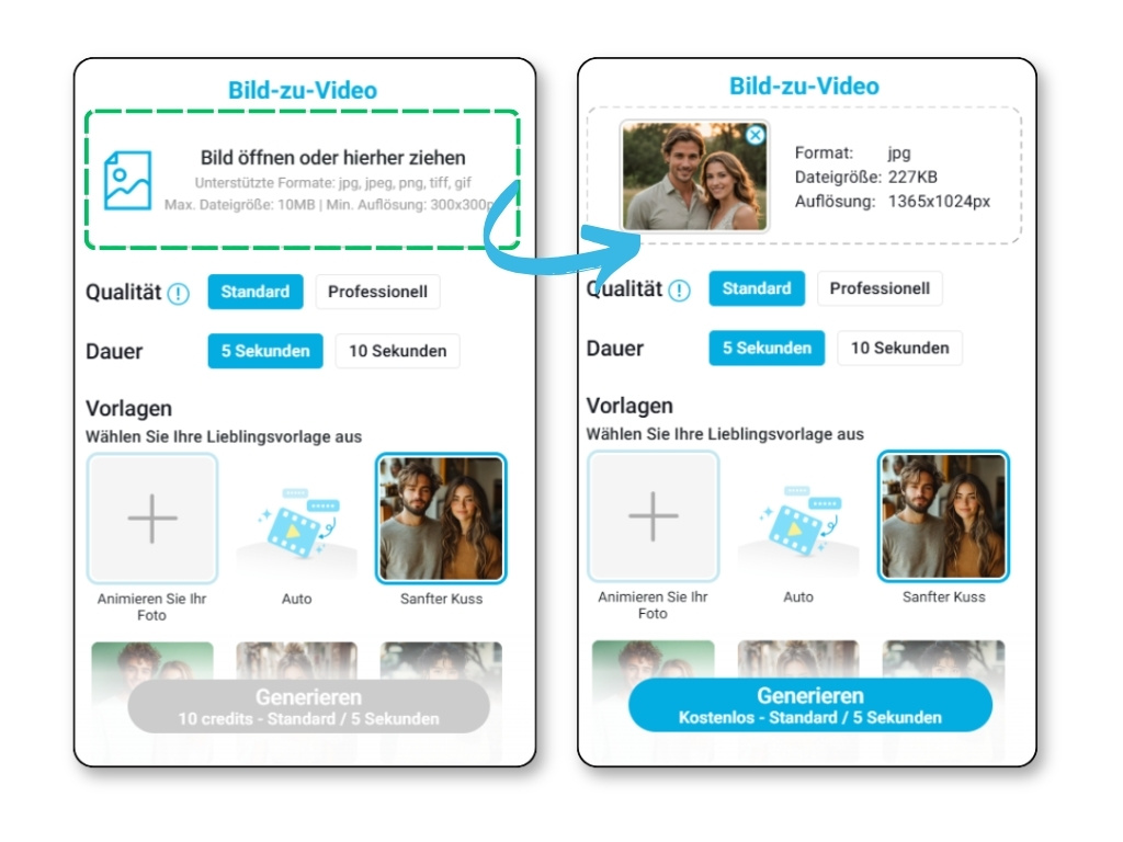  Screenshot der YouCam Online Editor Benutzeroberfläche mit der Funktion „Bild zu Video umwandeln“ und einer Kuss-Vorlage als Beispiel.