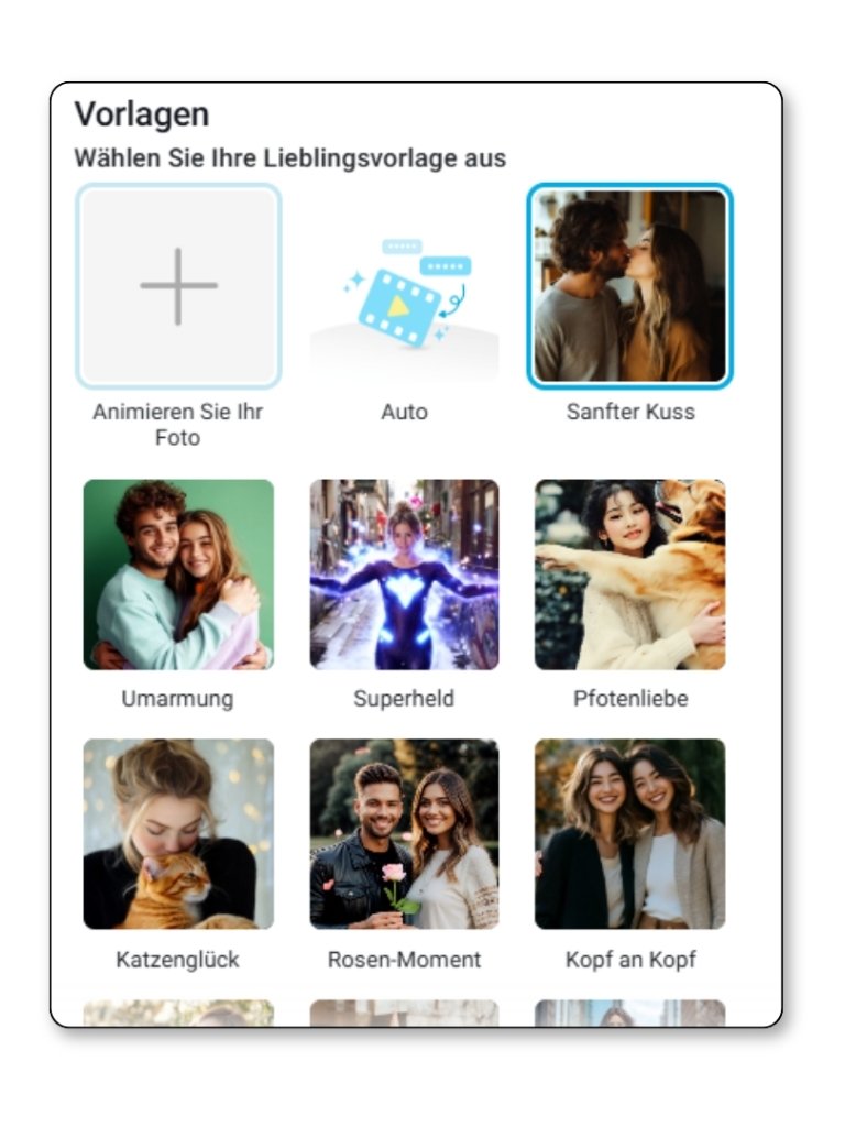 Auswahlbildschirm der YouCam Online Editor mit verschiedenen Vorlagen, darunter eine Kuss-Szene, Umarmung und weitere romantische Animationen.