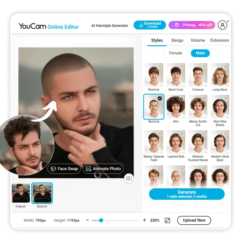 Benutzeroberfläche vom Frisuren-Generator vom YouCam Online Editor, mit dem verschiedene Frisuren, darunter der Buzz Cut, virtuell getestet werden können.