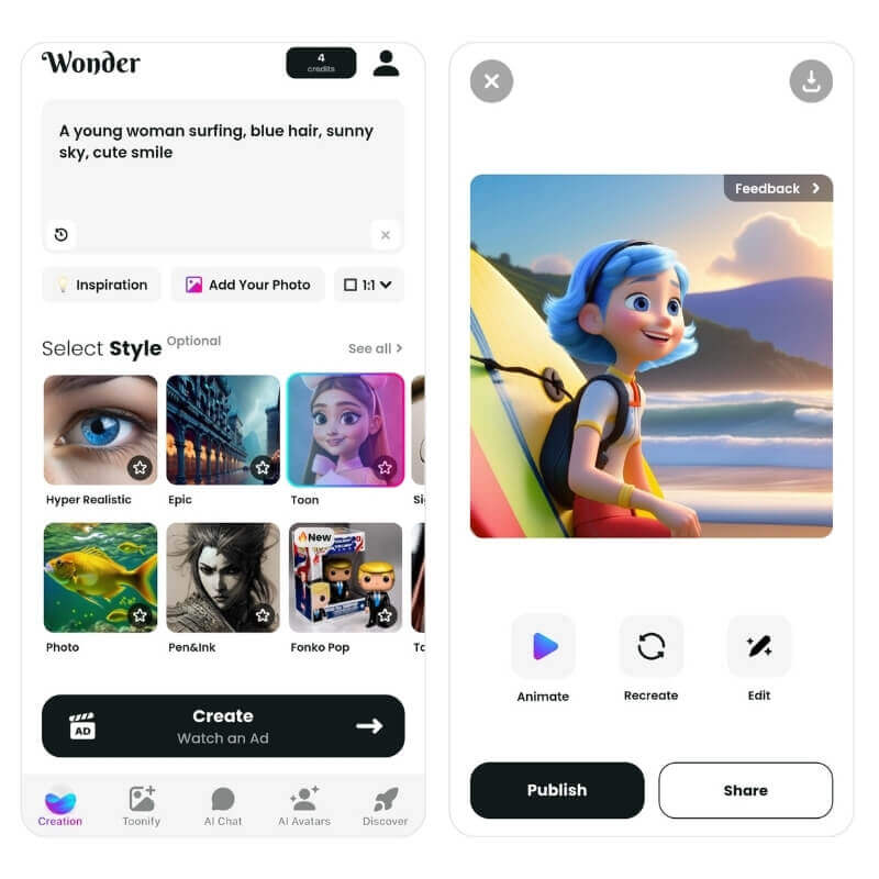 Resultado da imagem gerada pelo app Wonder com o prompt de um surfista.