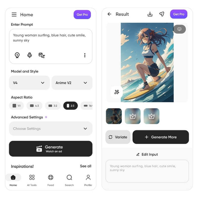 Teste do criador de imagem Imagine mostrando um surfista sem o cabelo azul solicitado.
