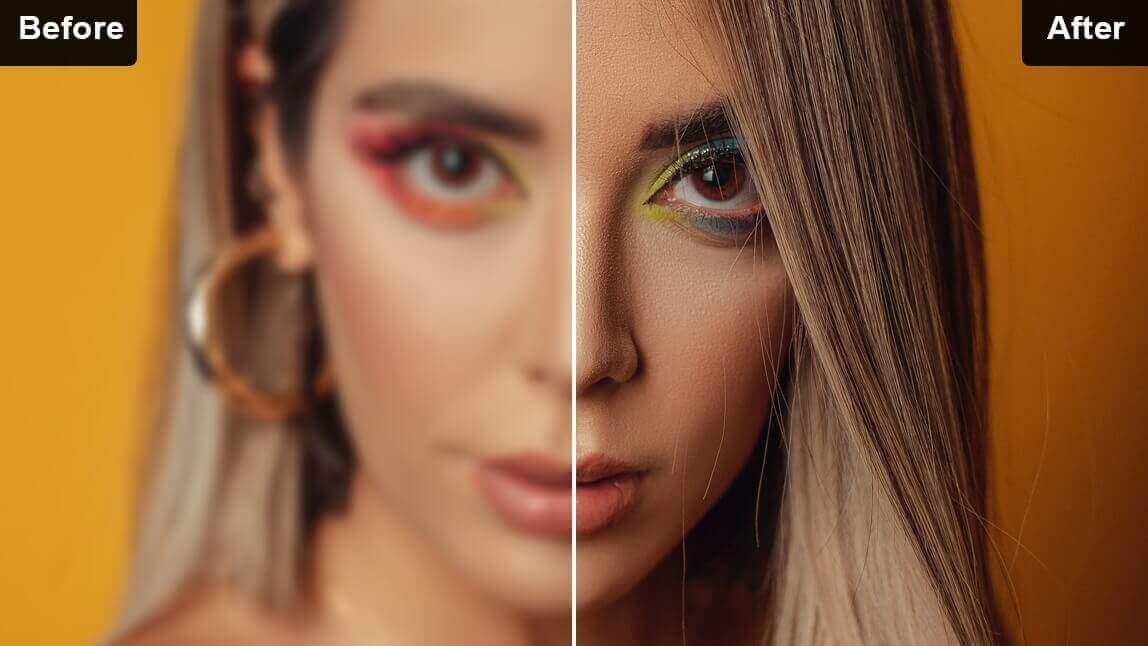 Antes e depois: Imagem desfocada restaurada com ferramenta online de IA para correção de fotos.
