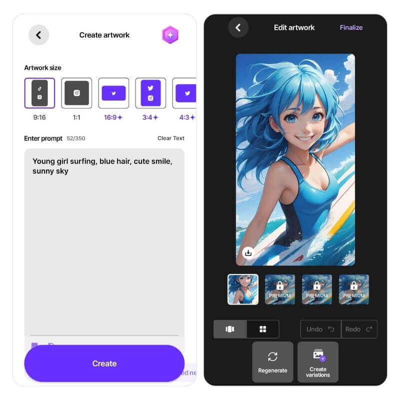 Imagem de surfista com cabelo azul criada pelo gerador de imagem Wombo Dream.