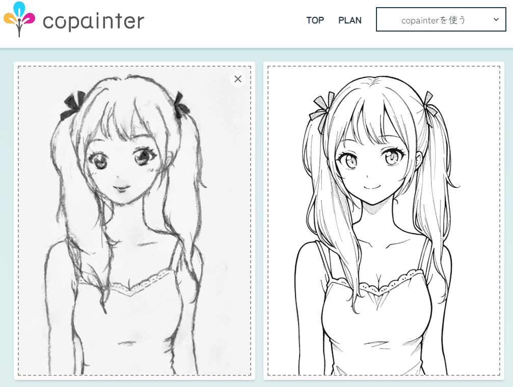 『copainter』でラフ画を線画抽出する様子