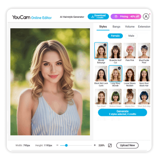 Die Benutzeroberfläche des YouCam Online Editors, der als KI Frisuren Generator fungiert und verschiedene Frisuren wie "Blonde Balayage" und "Wolf Cut" zum Testen anbietet.