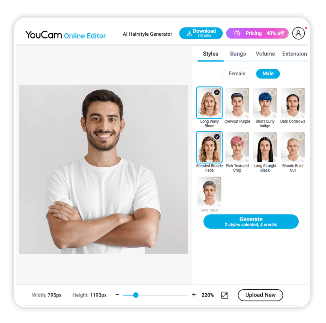 Der Frisuren-Simulator für Männer im YouCam Online Editor, der verschiedene Männerfrisuren und Haarfarben an einem männlichen Model zeigt.