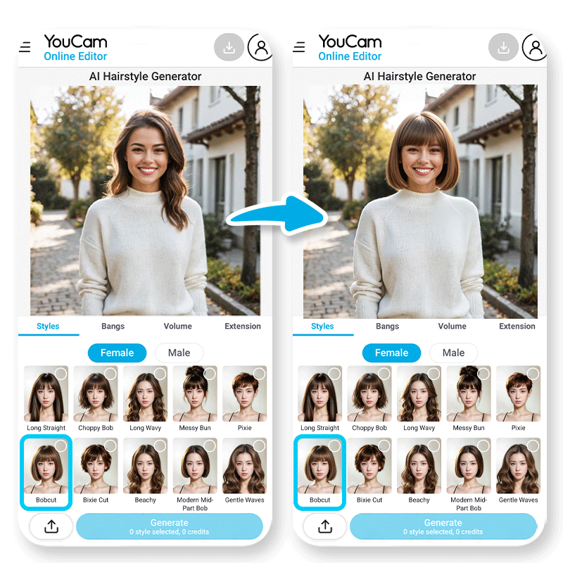 YouCam Editor zeigt Bobfrisur bei Frau mit Frisurenauswahl für verschiedene Kurzhaarstyles.
